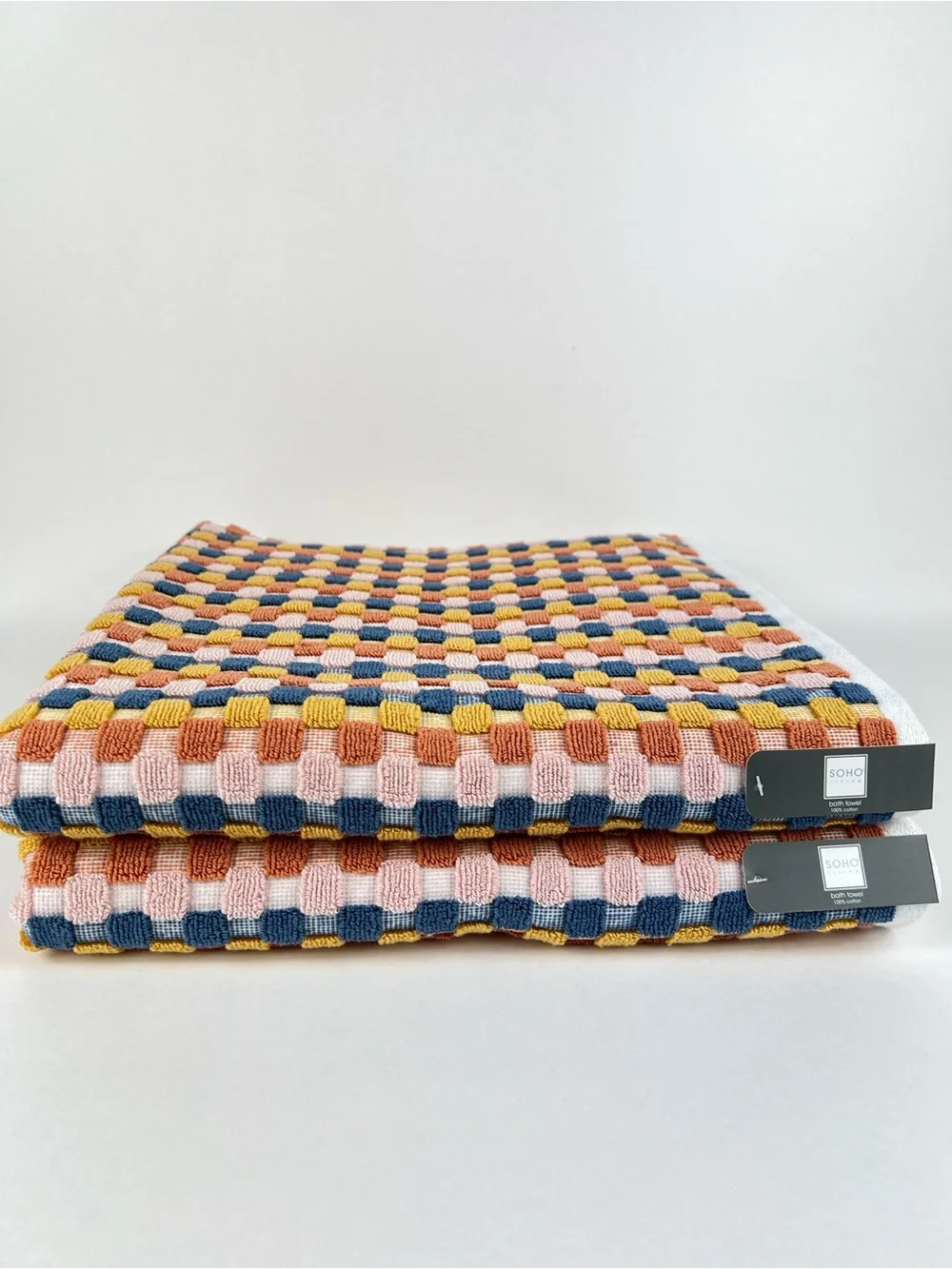 SOHO Living Bath Towel Set Waffle Weave Check Pattern Navy Orange Pink 2 Pc NEW